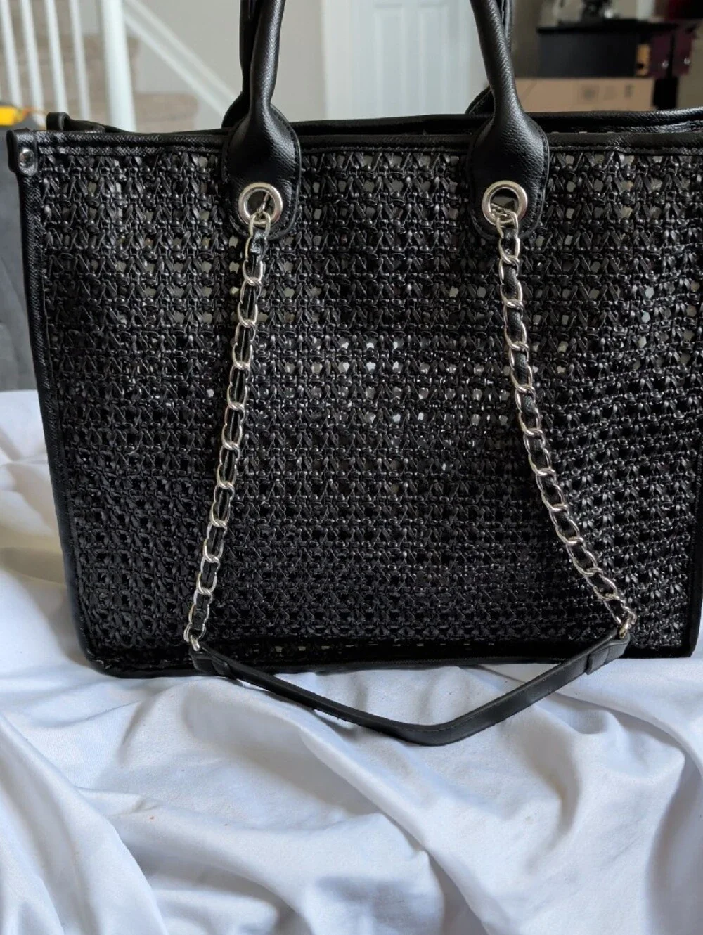Black Woven Tote with Silver Chain Straps